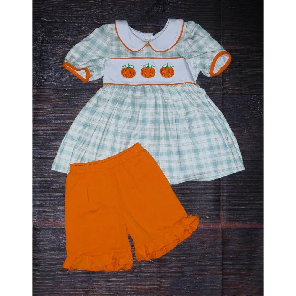 Boutique Pumpkin Plaid Tunic & Shorts Girls Outfit Set